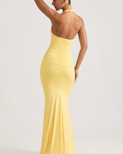 Pastel Yellow Ruched Backless Halterneck Gown