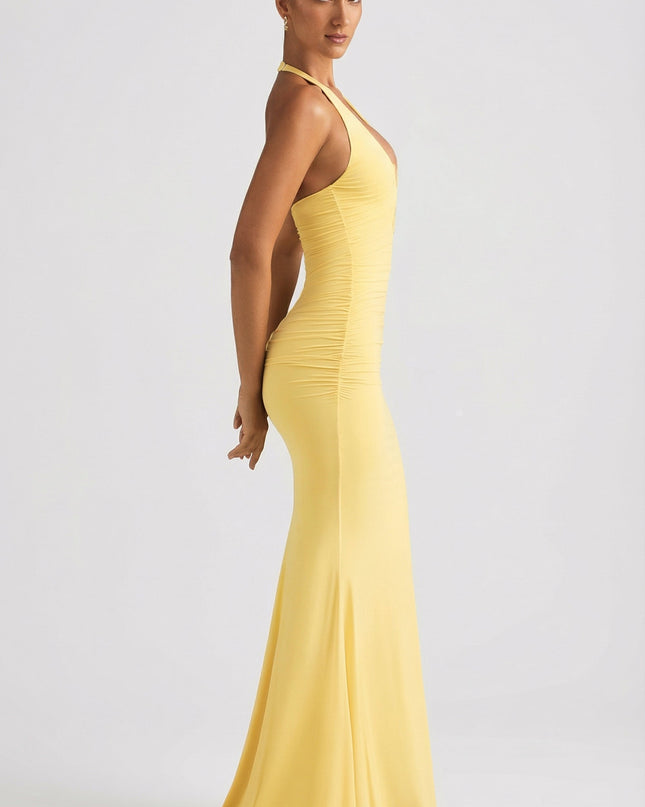 Pastel Yellow Ruched Backless Halterneck Gown