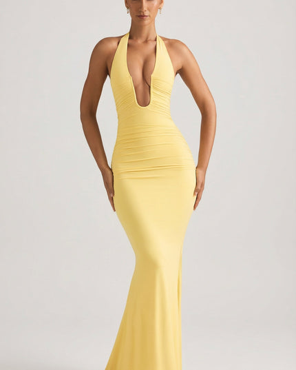 Pastel Yellow Ruched Backless Halterneck Gown