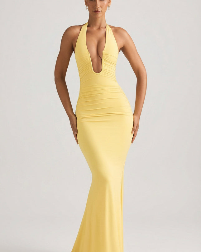 Pastel Yellow Ruched Backless Halterneck Gown