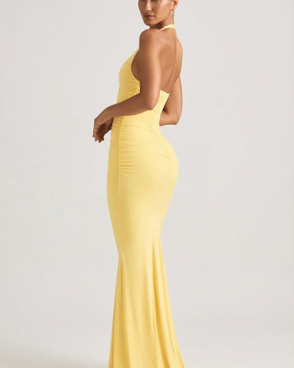 Pastel Yellow Ruched Backless Halterneck Gown