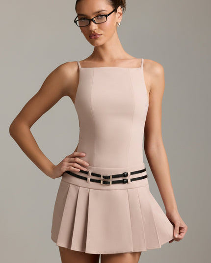 Mushroom Belted Backless Pleated Mini Dress