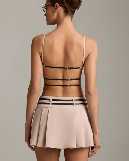 Mushroom Belted Backless Pleated Mini Dress