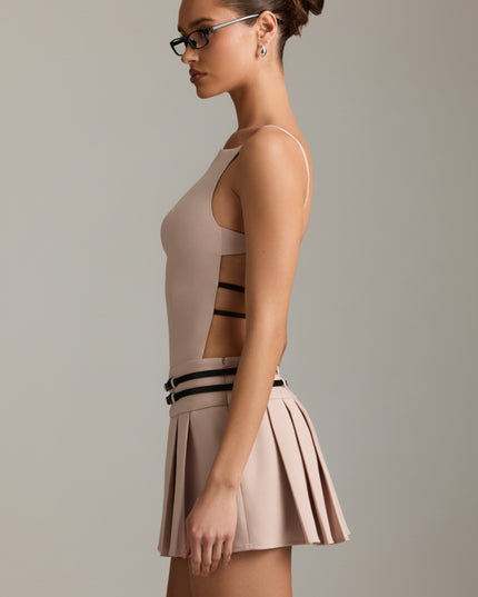 Mushroom Belted Backless Pleated Mini Dress