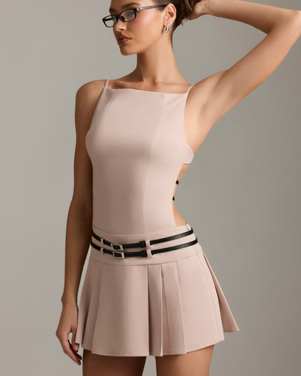 Mushroom Belted Backless Pleated Mini Dress