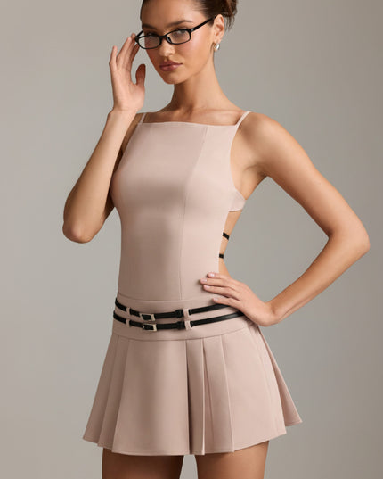 Mushroom Belted Backless Pleated Mini Dress