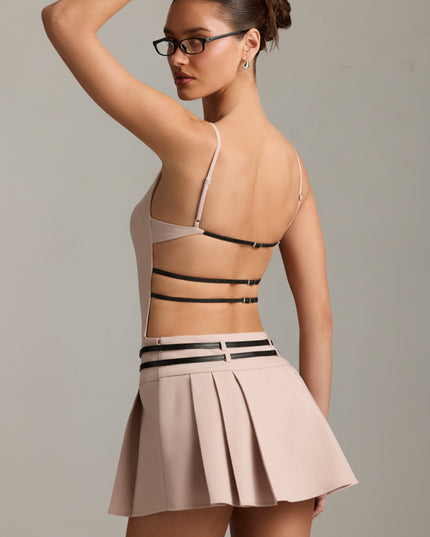 Mushroom Belted Backless Pleated Mini Dress