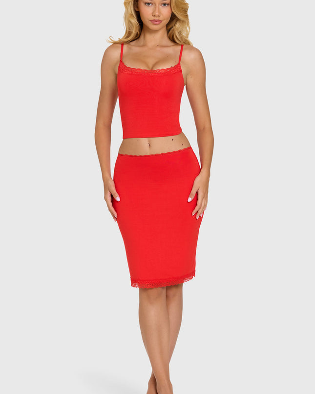 Cherry Modal Lace-Trim Midi Skirt