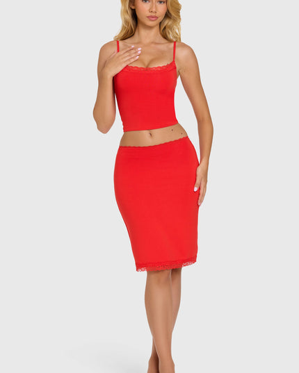 Cherry Modal Lace-Trim Midi Skirt