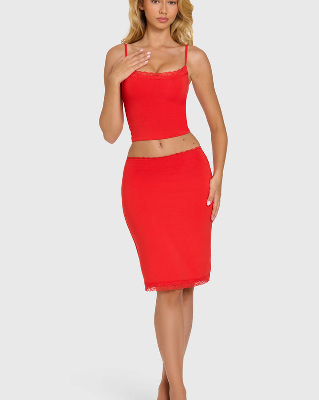 Cherry Modal Lace-Trim Midi Skirt