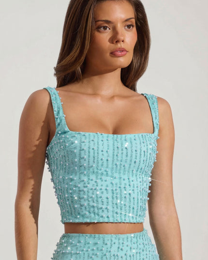 Aquamarine Embellished Square-Neck Crop Top