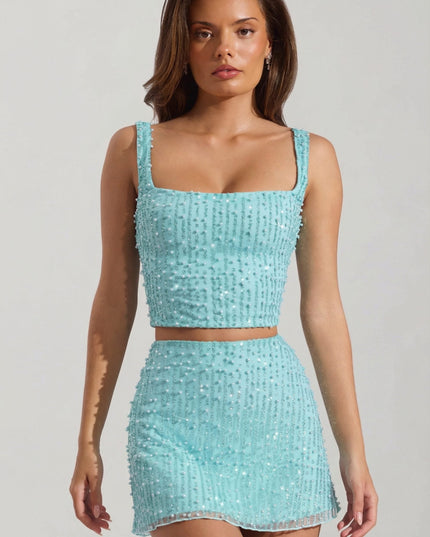 Aquamarine Embellished Square-Neck Crop Top