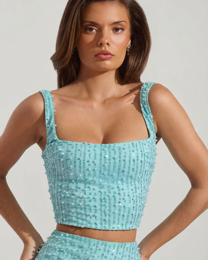 Aquamarine Embellished Square-Neck Crop Top