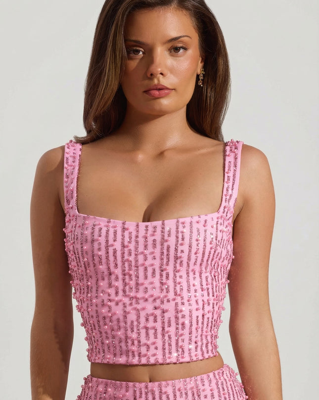 Posy Embellished Square-Neck Crop Top