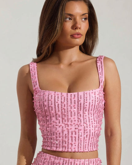 Posy Embellished Square-Neck Crop Top