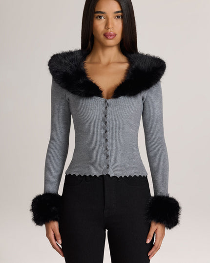Charcoal Grey Knit Faux-Fur-Trim Cardigan