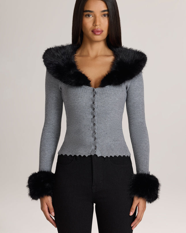 Charcoal Grey Knit Faux-Fur-Trim Cardigan