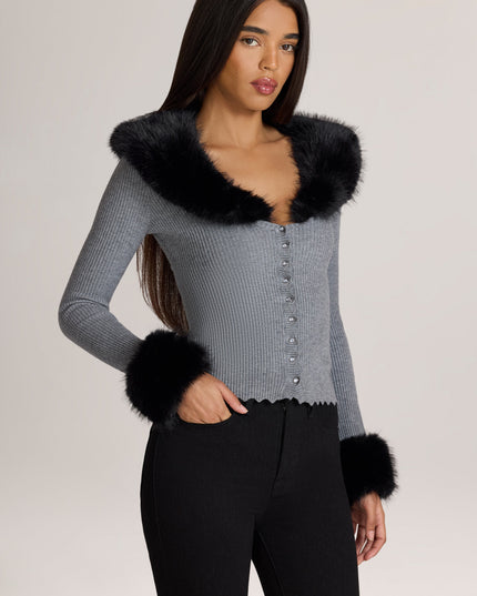 Charcoal Grey Knit Faux-Fur-Trim Cardigan