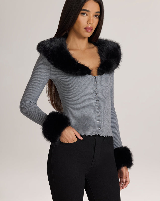 Charcoal Grey Knit Faux-Fur-Trim Cardigan