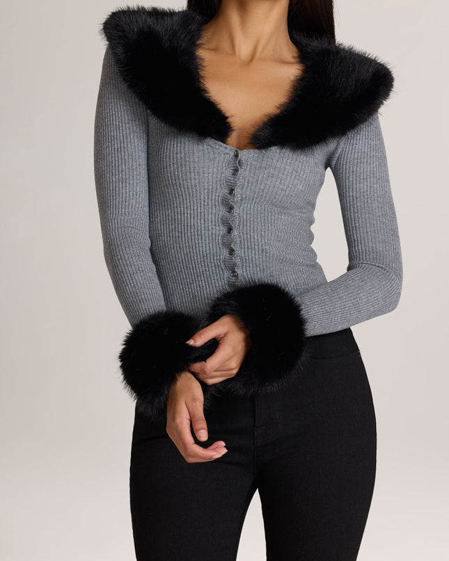 Charcoal Grey Knit Faux-Fur-Trim Cardigan
