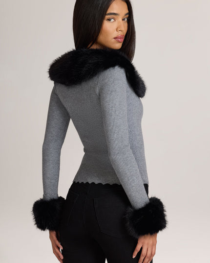 Charcoal Grey Knit Faux-Fur-Trim Cardigan