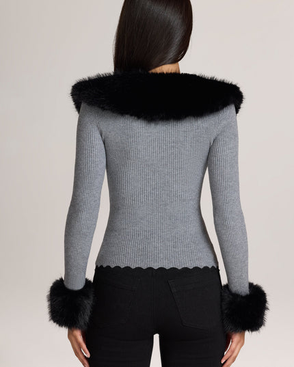 Charcoal Grey Knit Faux-Fur-Trim Cardigan