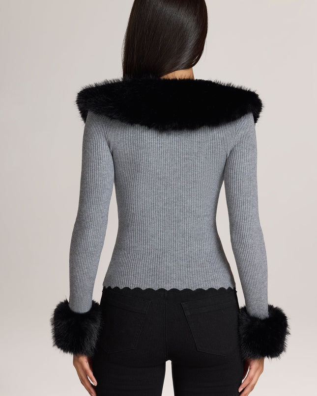 Charcoal Grey Knit Faux-Fur-Trim Cardigan