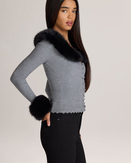 Charcoal Grey Knit Faux-Fur-Trim Cardigan