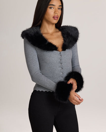Charcoal Grey Knit Faux-Fur-Trim Cardigan