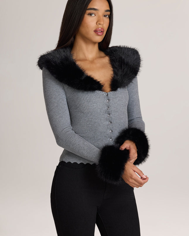 Charcoal Grey Knit Faux-Fur-Trim Cardigan