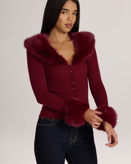 Wine Knit Faux-Fur-Trim Cardigan