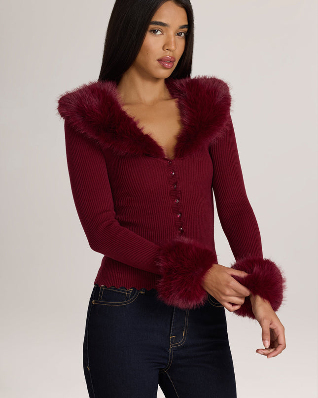 Wine Knit Faux-Fur-Trim Cardigan