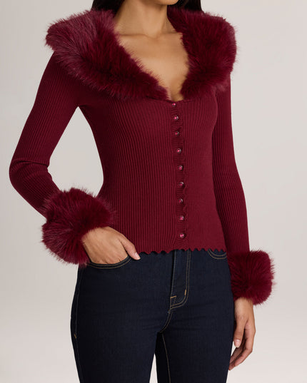 Wine Knit Faux-Fur-Trim Cardigan