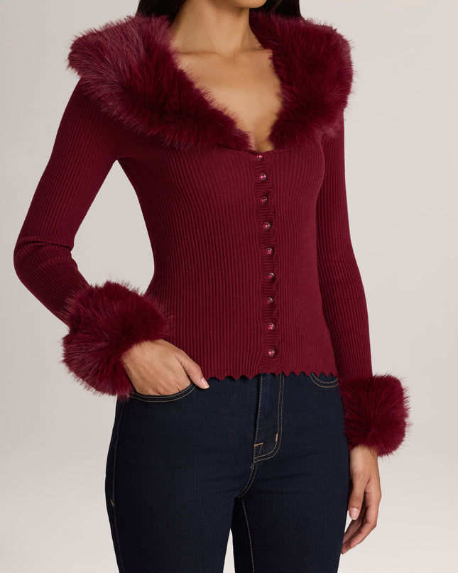 Wine Knit Faux-Fur-Trim Cardigan