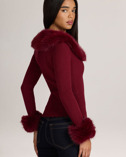 Wine Knit Faux-Fur-Trim Cardigan