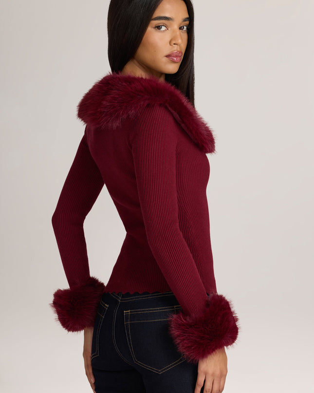Wine Knit Faux-Fur-Trim Cardigan