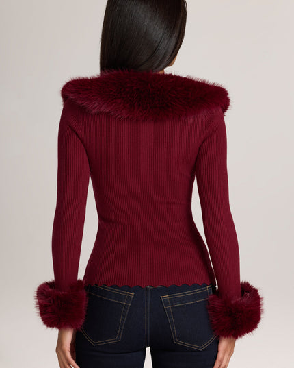 Wine Knit Faux-Fur-Trim Cardigan