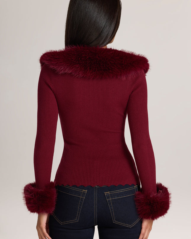 Wine Knit Faux-Fur-Trim Cardigan