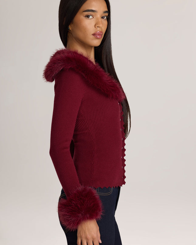 Wine Knit Faux-Fur-Trim Cardigan