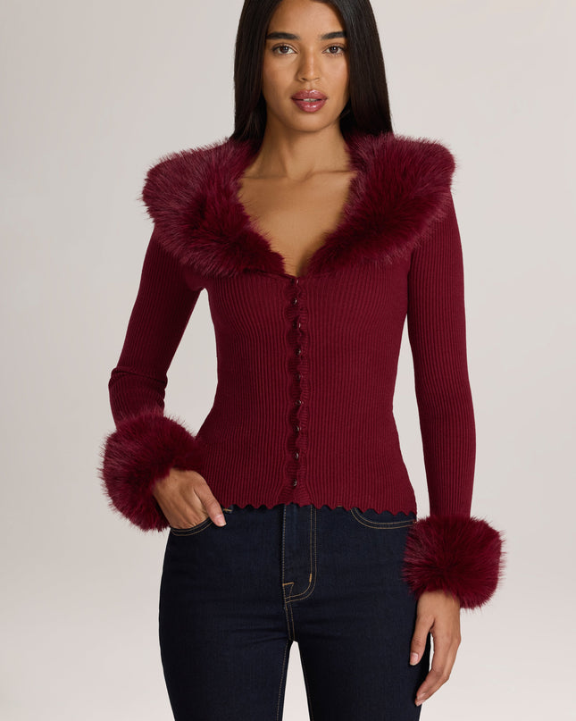 Wine Knit Faux-Fur-Trim Cardigan