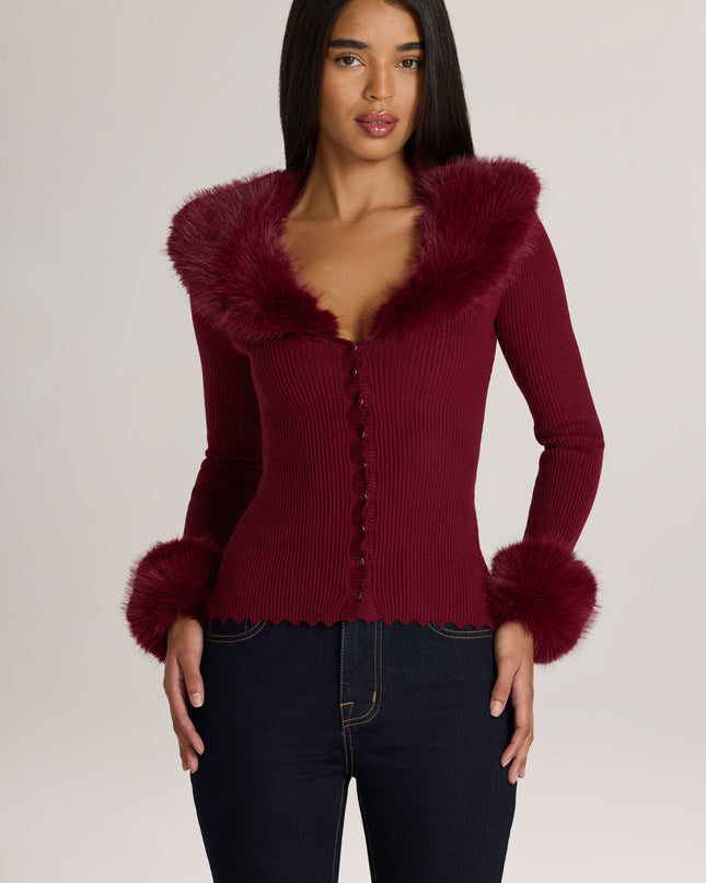 Wine Knit Faux-Fur-Trim Cardigan