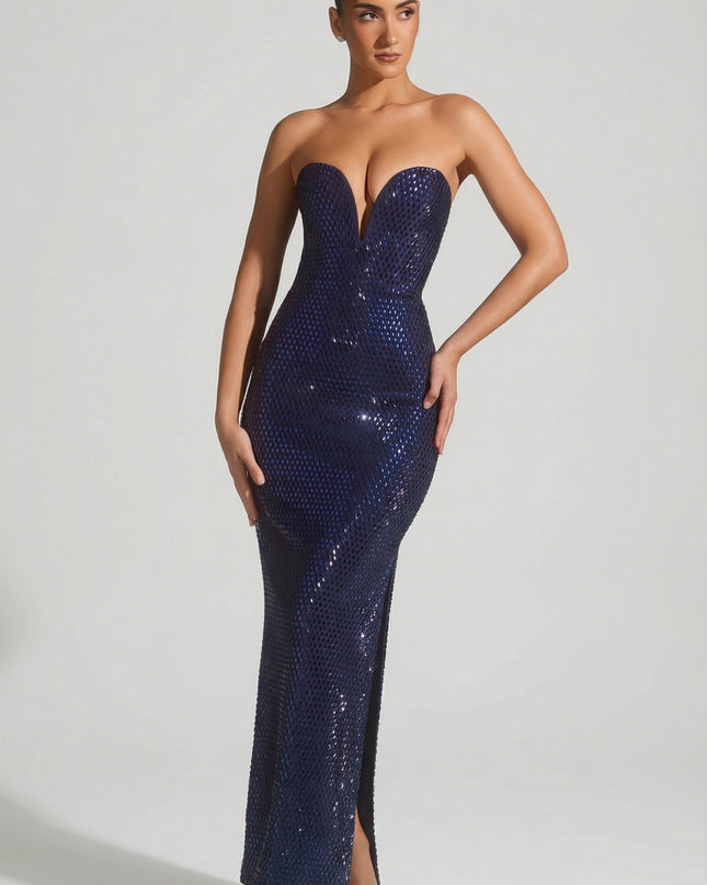 Navy Embellished Strapless Plunge Gown