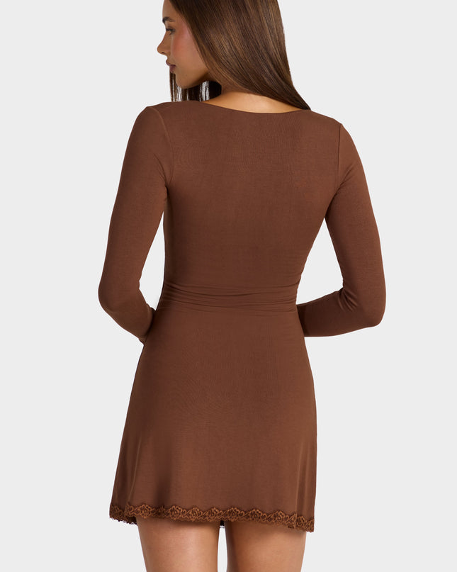 Cocoa Brown Modal Lace-Trim Long-Sleeve Mini Dress