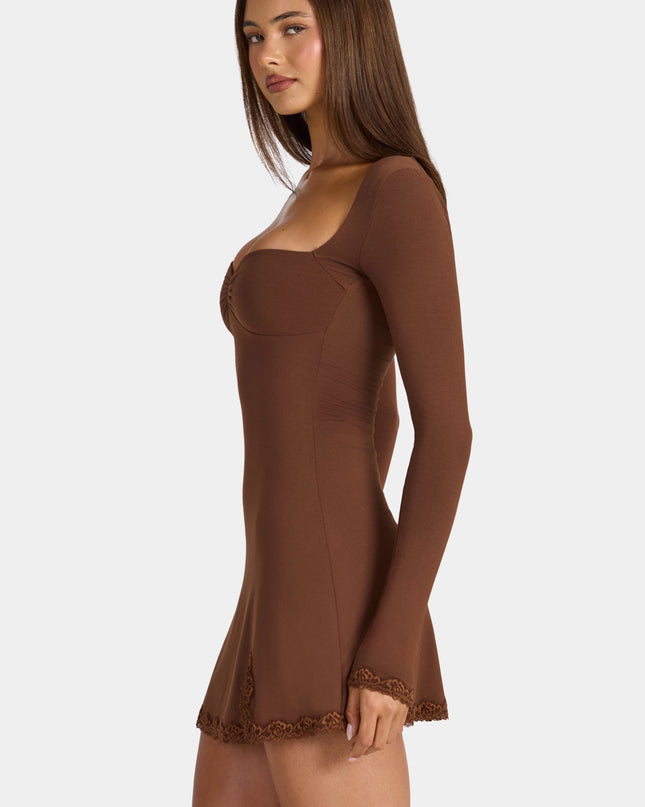 Cocoa Brown Modal Lace-Trim Long-Sleeve Mini Dress