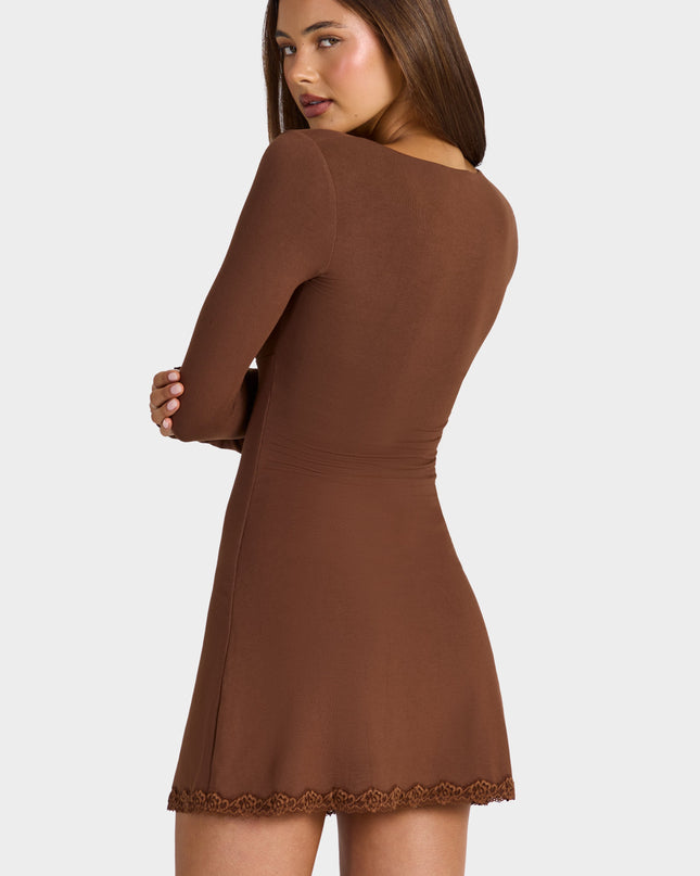 Cocoa Brown Modal Lace-Trim Long-Sleeve Mini Dress