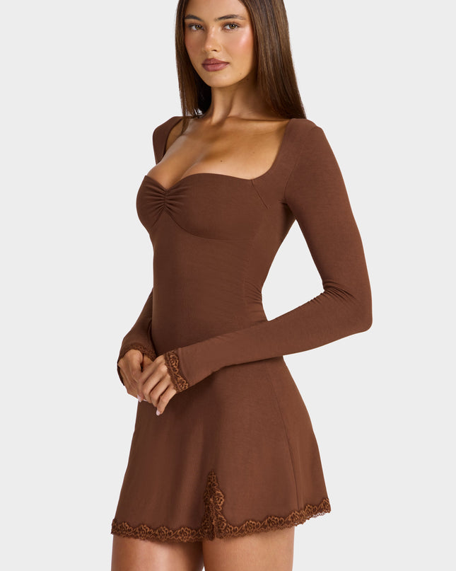 Cocoa Brown Modal Lace-Trim Long-Sleeve Mini Dress