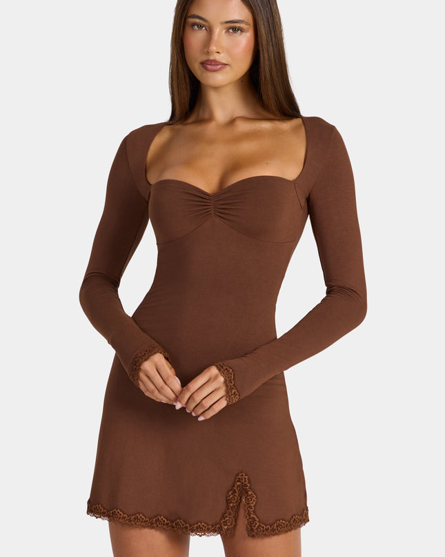 Cocoa Brown Modal Lace-Trim Long-Sleeve Mini Dress