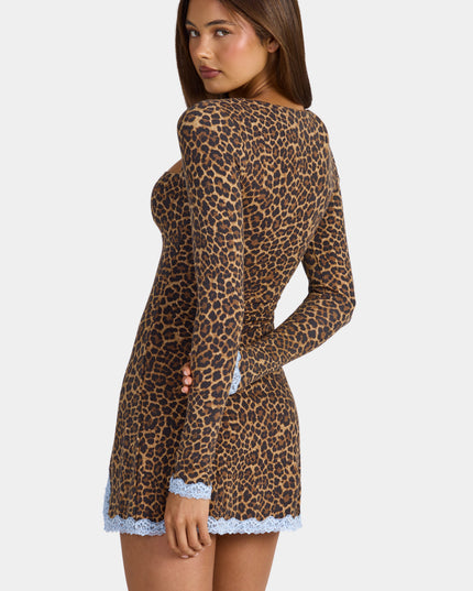 Leopard Modal Lace-Trim Long-Sleeve Mini Dress