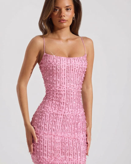 Pink Embellished Scoop-Neck Bodycon Mini Dress