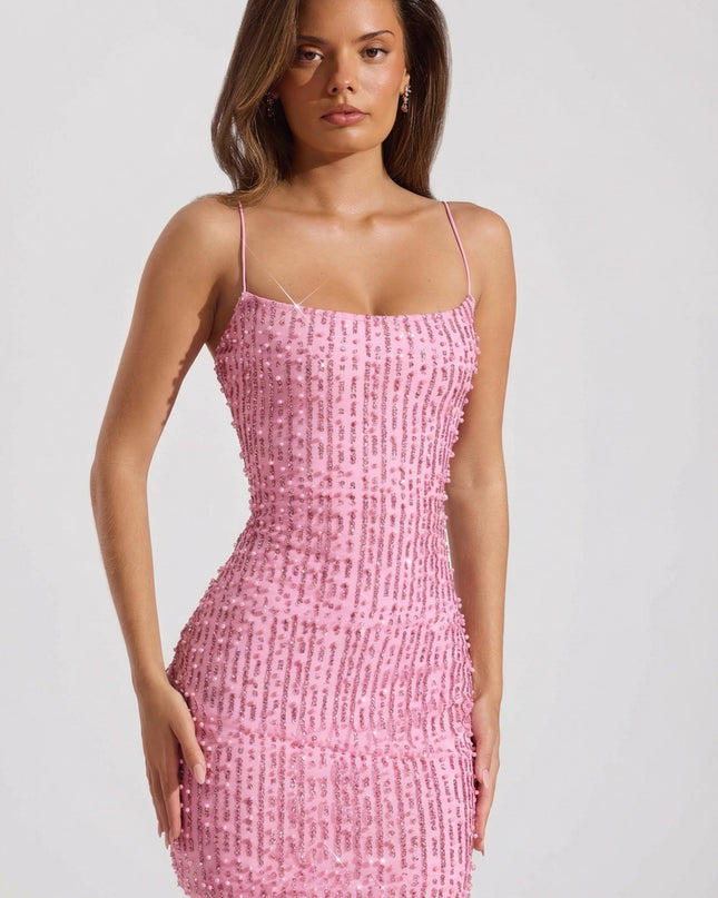 Pink Embellished Scoop-Neck Bodycon Mini Dress